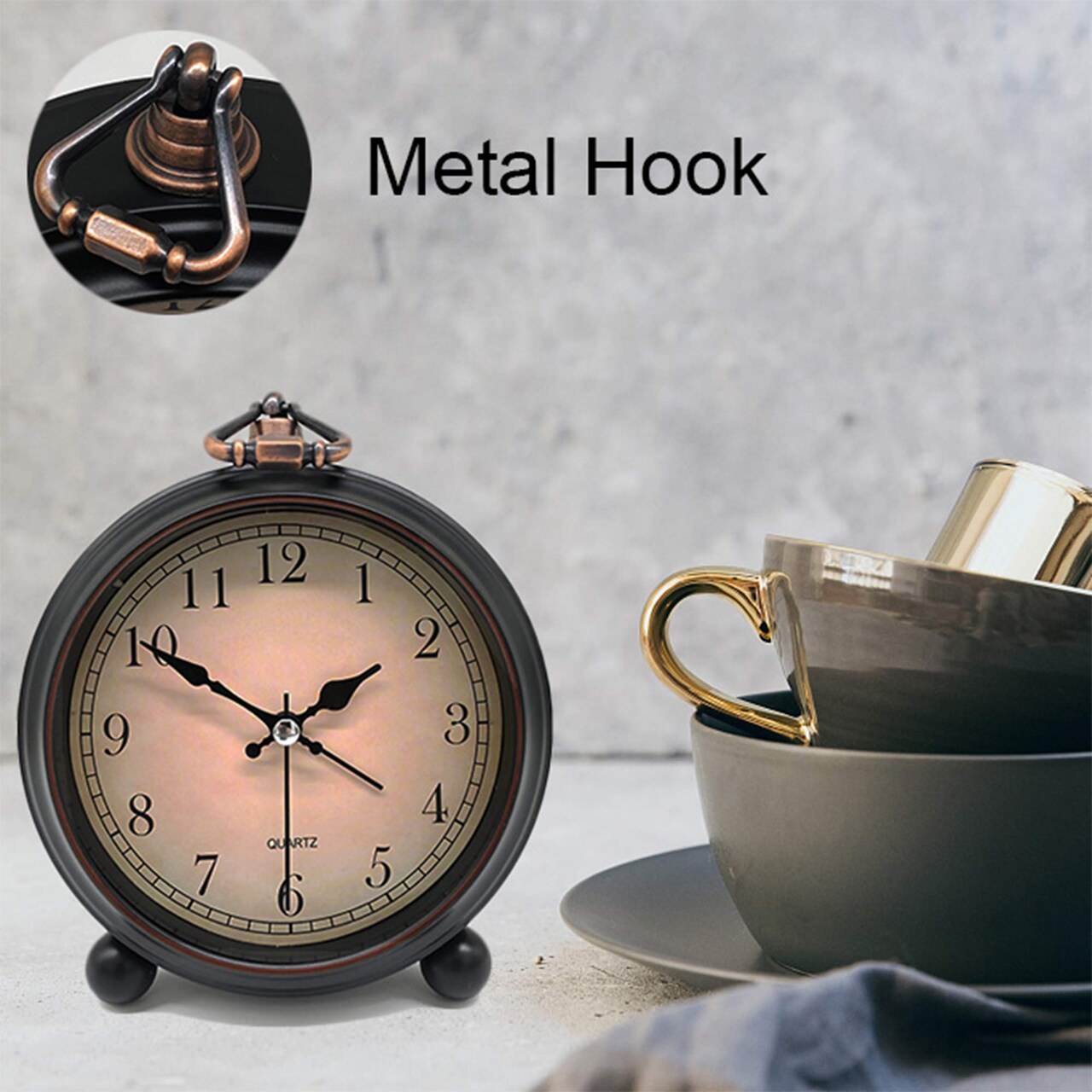 4 inch Vintage Retro Analog Alarm Clock,Super Silent Non Ticking Small Clock with Night Light, Battery Operated, Simply Design, for Living Room, Bedroom, Bedside, Desk, Gift Clock (Arabic)